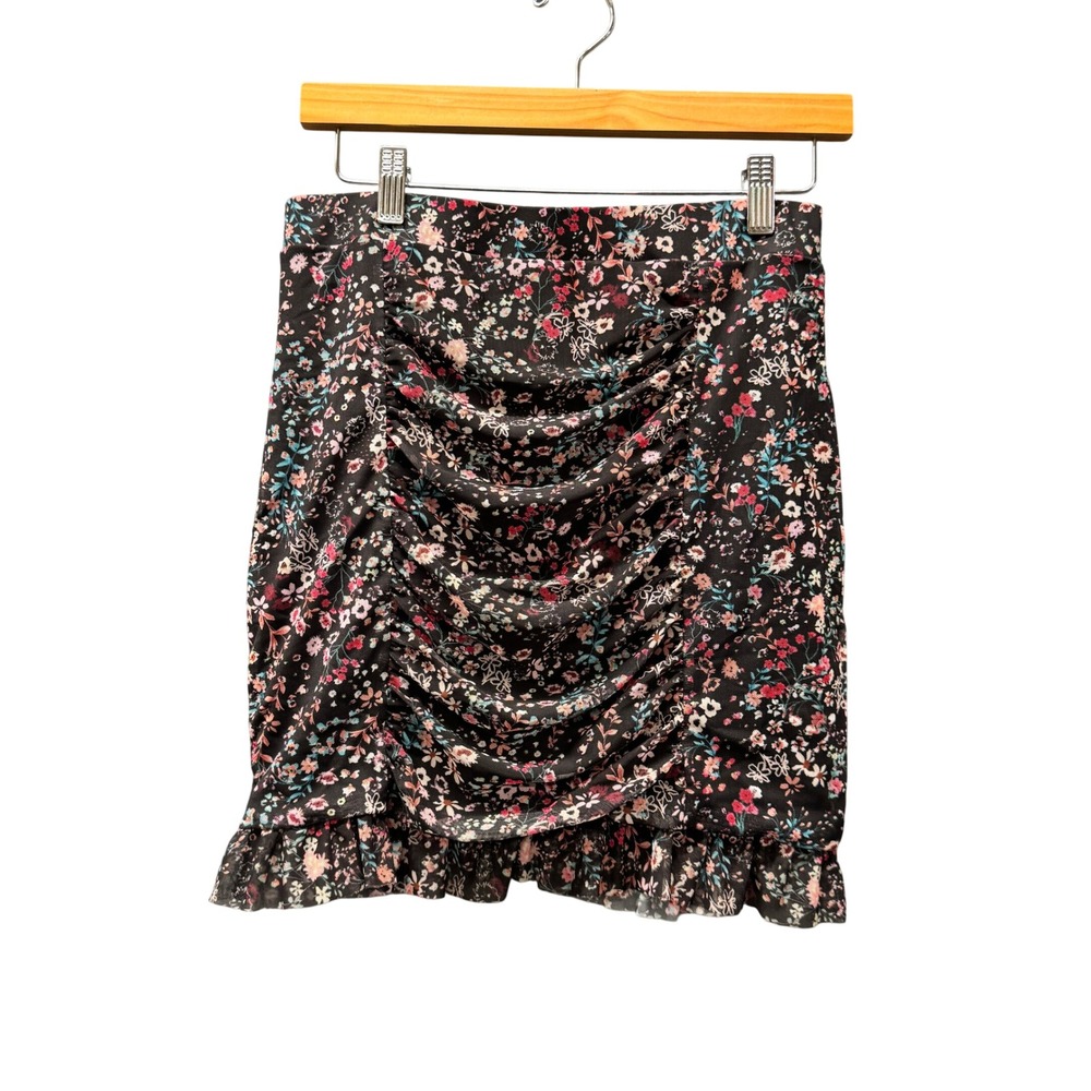 Free People Skirt Womens Medium Floral Ruched Mini Black Boho Lined Stretch